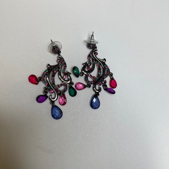 Earrings Dangling Colorful Jewels & Rhinestones Pierced EUC Sz OS Charcoal-Tone - Picture 2 of 6